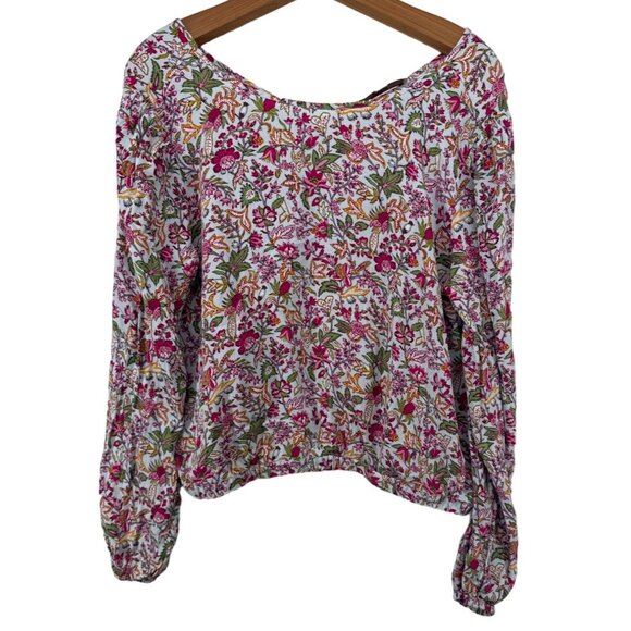 Loft Womens Blouse Sz L Pink Cropped Elastic Waist Long-Slv Cottage Ditzy Floral - Picture 1 of 9